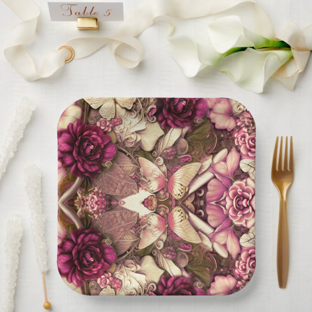 Assiettes En Carton Papillons Et Roses De Collage Décoratifs (Mariage)