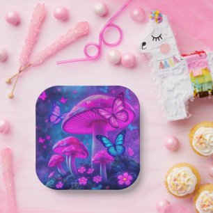 Assiettes En Carton Papillons, Fleurs et Champignons-