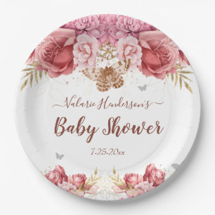 Assiettes En Carton Papillons floraux Baby shower rose