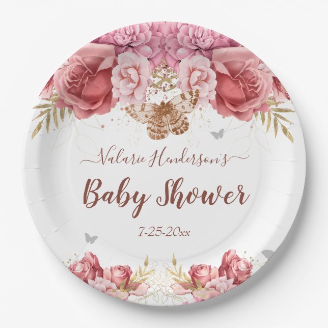 Assiettes En Carton Papillons floraux Baby shower rose (Devant)