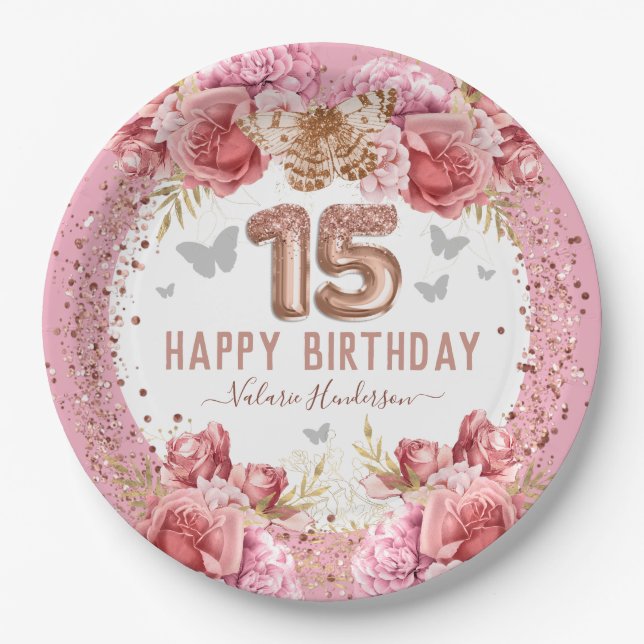 Assiettes En Carton Papillons floraux rose heureux 15e anniversaire (Devant)