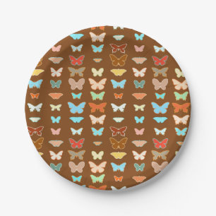 Assiettes En Carton Papillons, marron, turquoise et corail