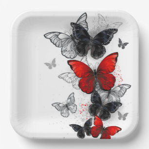 Assiettes En Carton Papillons Morpho Noirs et Rouges en Vol