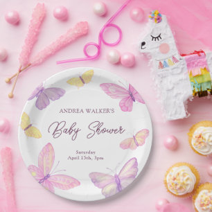 Assiettes En Carton Papillons Pastel Baby shower rose violet
