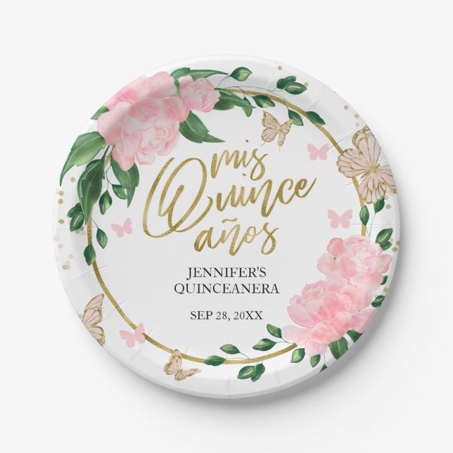 Assiettes En Carton Papillons Quinceanera Pink Blush Gown (Devant)