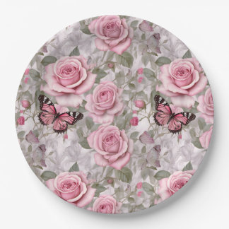 Assiettes En Carton Papillons rose pâle et fleurs Roses