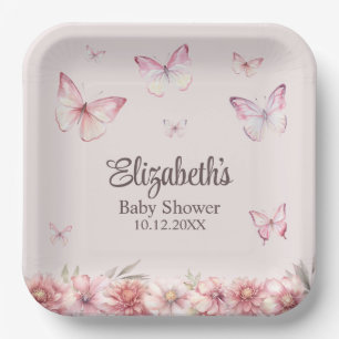 Assiettes En Carton Papillons roses et Baby shower de fleurs