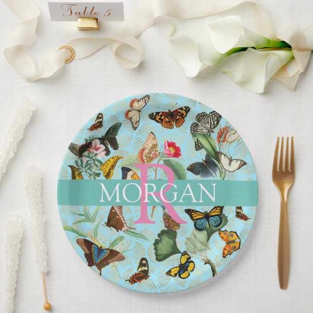 Assiettes En Carton Papillons vintages, Monogramme & Nom, Turquoise &  (Mariage)