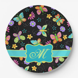 Assiettes En Carton Papillons Whimsy moderne Monogramme Turquoise noir