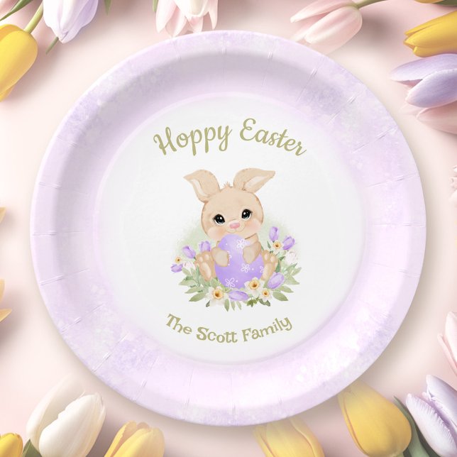 Assiettes En Carton Pâques Brunch Chasse aux oeufs Lapin pourpre Nom d (Easter Brunch Egg Hunt Purple Bunny Family Name Paper Plates)