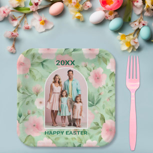 Assiettes En Carton Pâques Photo personnalisée Pastel Rose & Flore ver