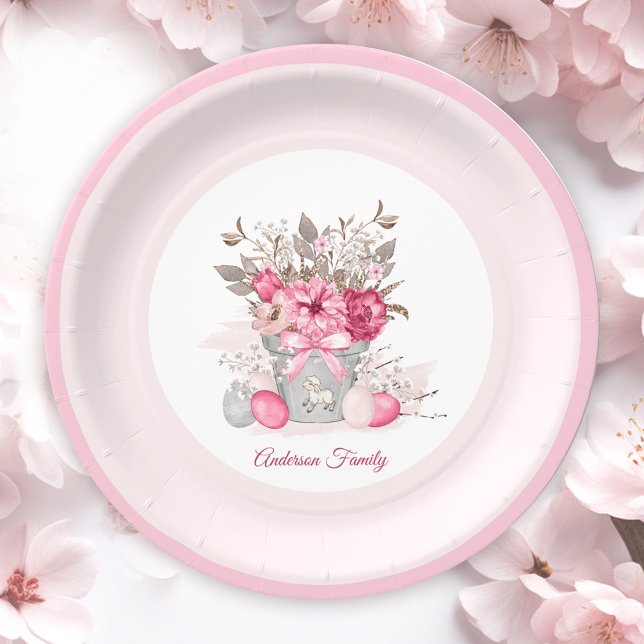 Assiettes En Carton Pâques rose Brunch Nom de famille Fleurs (Pink Easter Brunch Family Name Flowers Paper Plates)