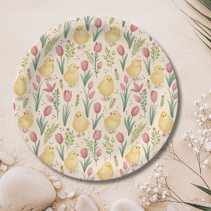 Assiettes En Carton Pâques vintage Mignons poussins jaunes Tulipes rou