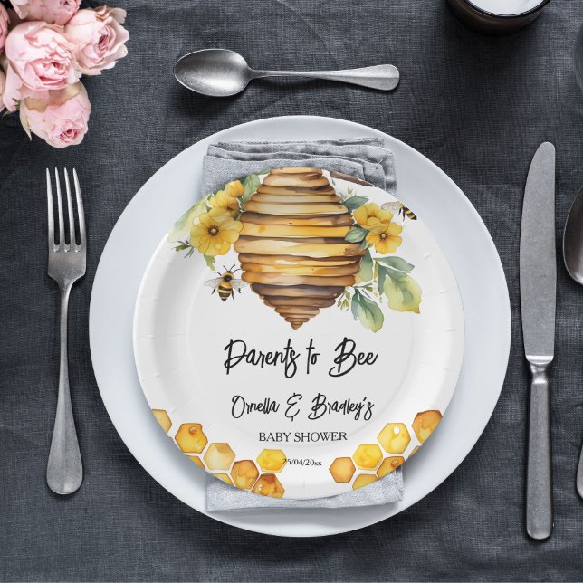 Assiettes En Carton Parents d'abeilles de printemps baby shower modèle (Parents to bee spring honey bee baby shower template paper plates personalized tableware decor )