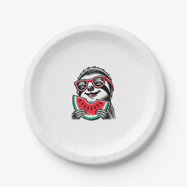 Assiettes En Carton Paresseux Cool Mangeant de la Pastèque (Devant)