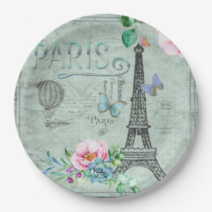 Assiettes En Carton Paris-Eiffel Tour-Fleur-Floral-Vintage-Rose