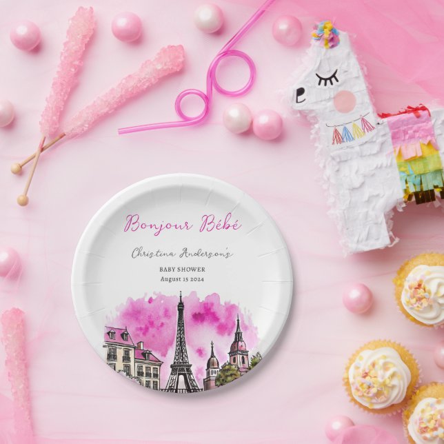Assiettes En Carton Paris Français Bonjour Bebe Baby shower noir rose (Fête)