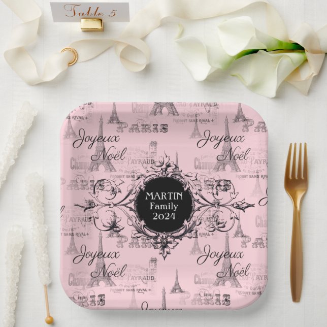 Assiettes En Carton Paris Joyeux Noel Plaques de Noël rose personnelle (Mariage)