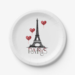 Assiettes En Carton Paris, Tour Eiffel et Ballons du Coeur Rouge