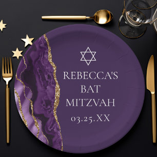 Assiettes En Carton Parti Bat mitzvah d'âge or violet chic