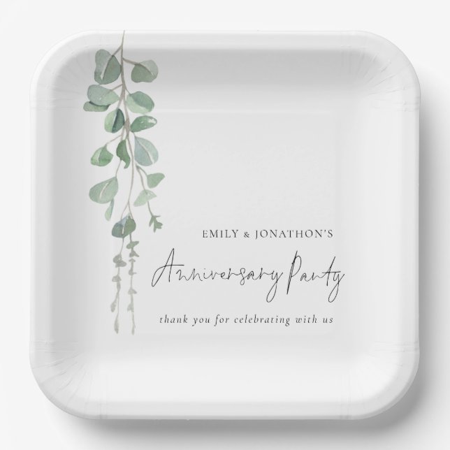Assiettes En Carton Parti d'anniversaire des noms d'eucalyptus moderne (Recto)