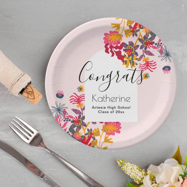 Assiettes En Carton Parti de graduation florale rose Boho Arch moderne (Créateur téléchargé)
