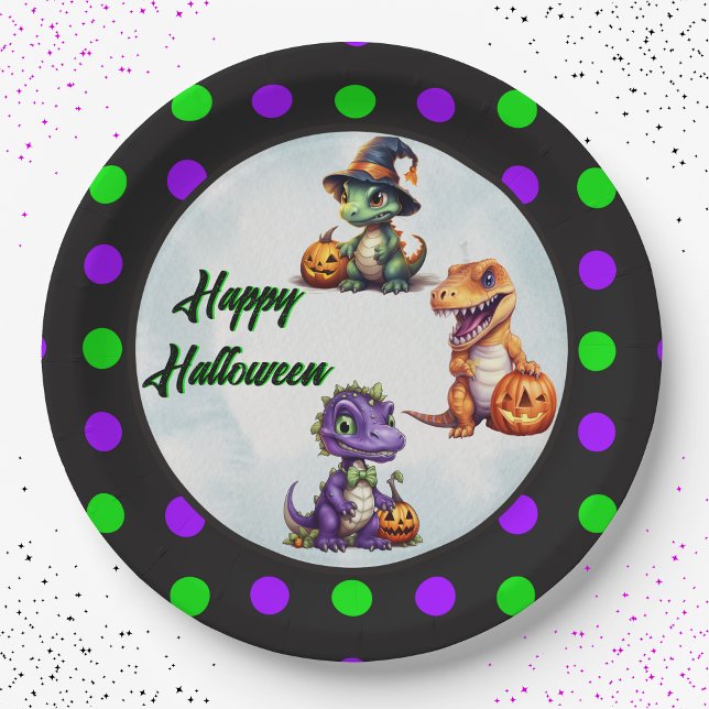 Assiettes En Carton Parti Dino-Mash d'Halloween (Super cute 3 dino Happy Halloween polka dot paper party plates!)