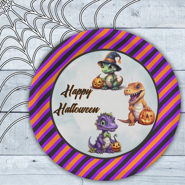 Assiettes En Carton Parti Dino-Mash d'Halloween (Happy Halloween Dinosaur Party Plate in Purple and Orange)