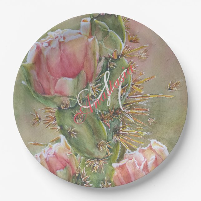ASSIETTES EN CARTON PARTI MONOGRAMME ROMANTIQUE DE FLEURS DE CACTUS DE (Devant)
