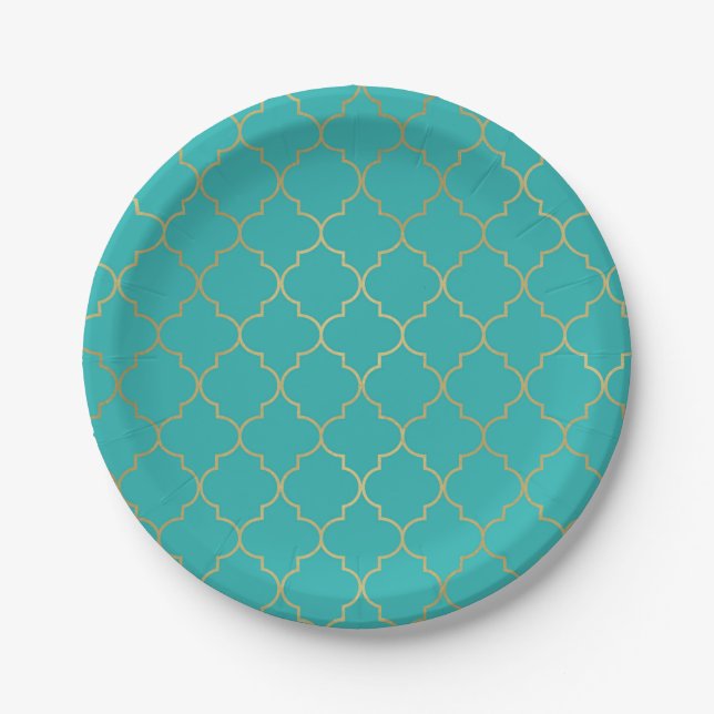 Assiettes En Carton Parti Motif Quatrefoil turquoise & Gold (Devant)