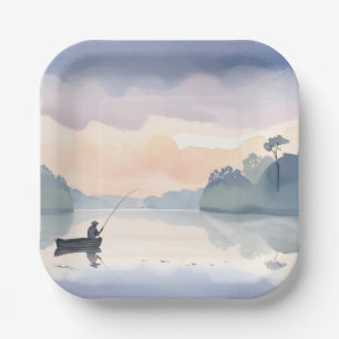 Assiettes En Carton Parti Pêcher   Peinture Aquarelle du Lac Airy