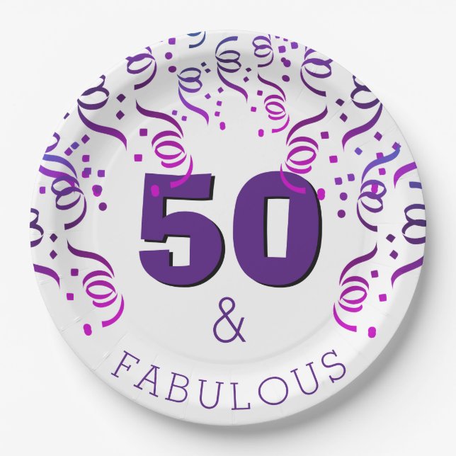 Assiettes En Carton Parti pourpre| 50 Joyeux 50e anniversaire (Devant)