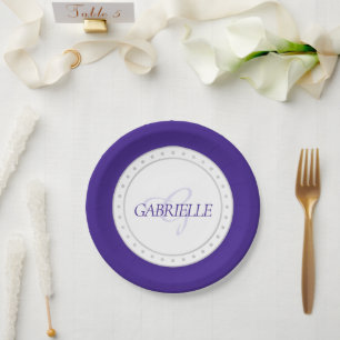 Assiettes En Carton Parti pourpre   Nom de script chic Royal Ultra Vio