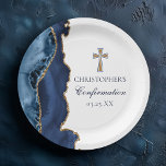 Assiettes En Carton Partie de confirmation personnalisée de la Croix d<br><div class="desc">Agate bleu marine moderne et or décorent cette élégante plaque de papier de confirmation pour votre cérémonie chrétienne. Personnaliser avec un nom sous la croix pour de belles décorations de fêtes religieuses pour une réception méthodiste ou l'église catholique.</div>