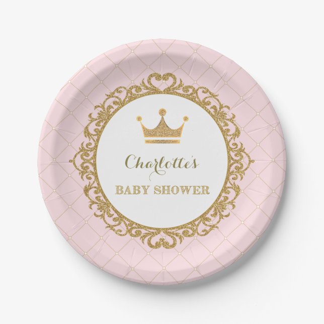 Assiettes En Carton Partie rose de princesse baby shower d'or 7" plat (Devant)
