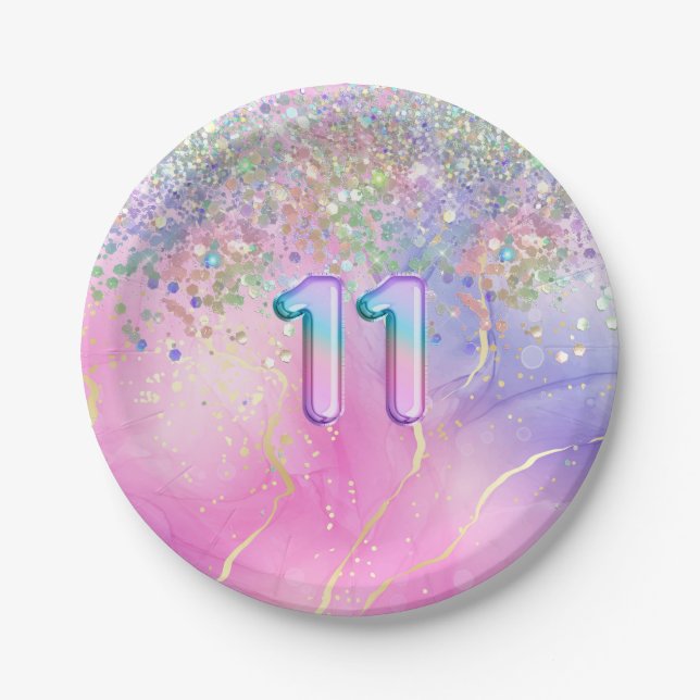 Assiettes En Carton Parties scintillant arc-en-ciel 11e fête d'anniver (Devant)