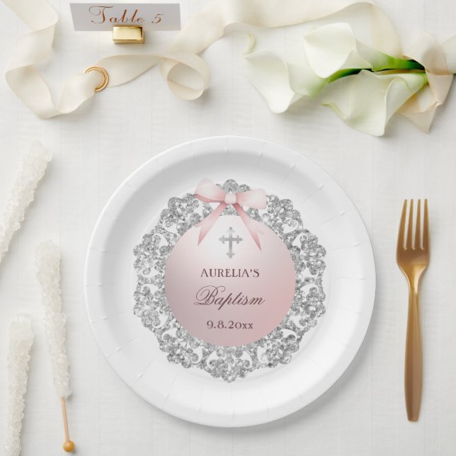 Assiettes En Carton Parties scintillant Argent Cadre rose Bow Baptême (Mariage)