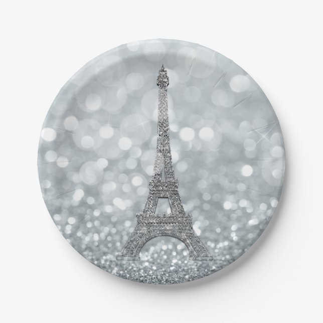 Assiettes En Carton Parties scintillant Argent Sparkle Bling Tour Eiff (Devant)