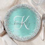 Assiettes En Carton Parties scintillant argentée turquoise en métal br<br><div class="desc">Personnalisez facilement ce design chic et branché de plaque en papier avec une jolie parties scintillant brillante en argent sur un arrière - plan métallique brossé turquoise.</div>
