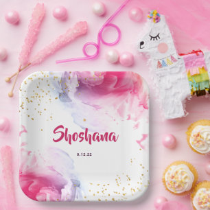 Assiettes En Carton Parties scintillant bat mitzvah Aquarelle rose Pur