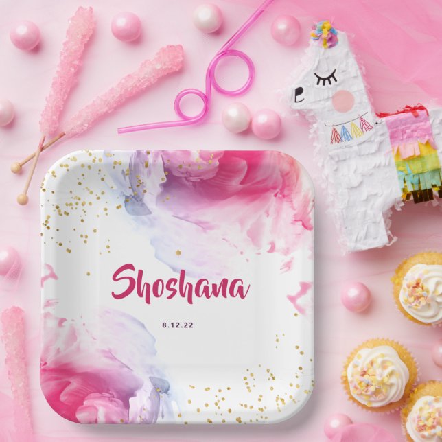 Assiettes En Carton Parties scintillant bat mitzvah Aquarelle rose Pur (Fête)