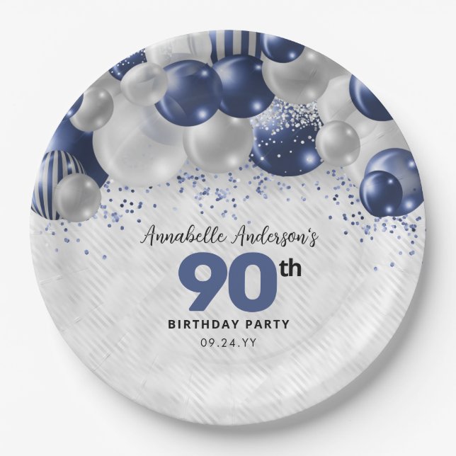 Assiettes En Carton Parties scintillant bleu marine en argent 90e anni (Devant)