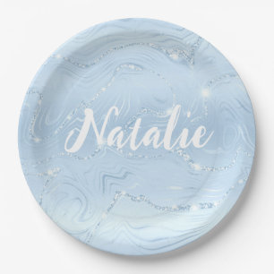 Assiettes En Carton Parties scintillant bleu moderne marbre Nom person