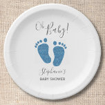 Assiettes En Carton Parties scintillant bleue Baby shower pieds bébé<br><div class="desc">Ces mignonnes plaques en papier Baby shower sont décorées de parties scintillant bleues pieds bébé et Oh Baby! dans la typographie stylisée. Facile à personnaliser.</div>