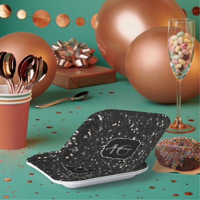 Assiettes En Carton Parties scintillant brillante noire et blanche Dou (Multi)