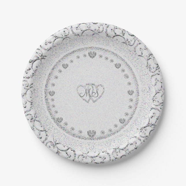 Assiettes En Carton Parties scintillant Coeurs Monogramme | Mariage (Devant)