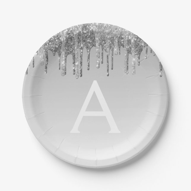 Assiettes En Carton Parties scintillant d'argent et Monogramme étincel (Devant)
