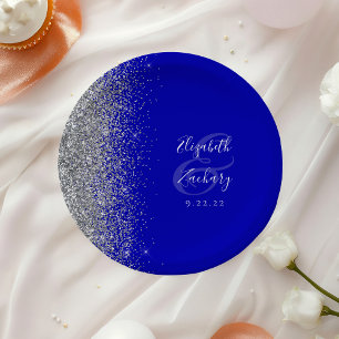Assiettes En Carton Parties scintillant d'argent moderne Mariage bleu 