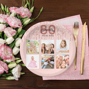 Assiettes En Carton parties scintillant de 80e anniversaire rose or go