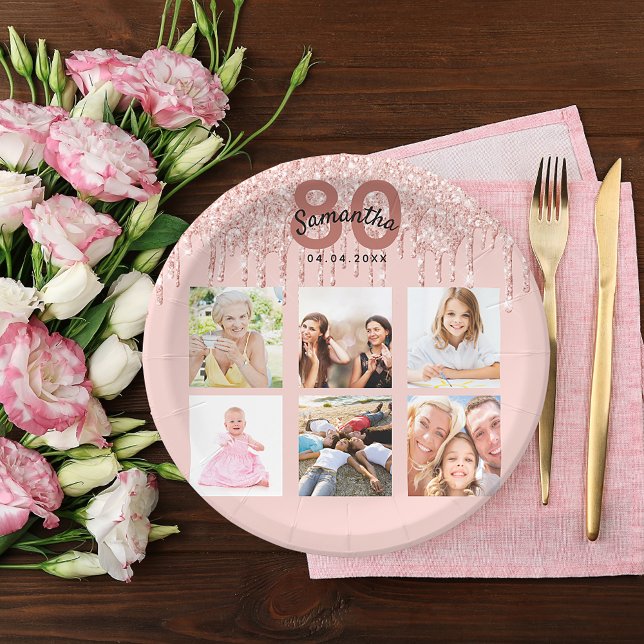 Assiettes En Carton parties scintillant de 80e anniversaire rose or go (Créateur téléchargé)
